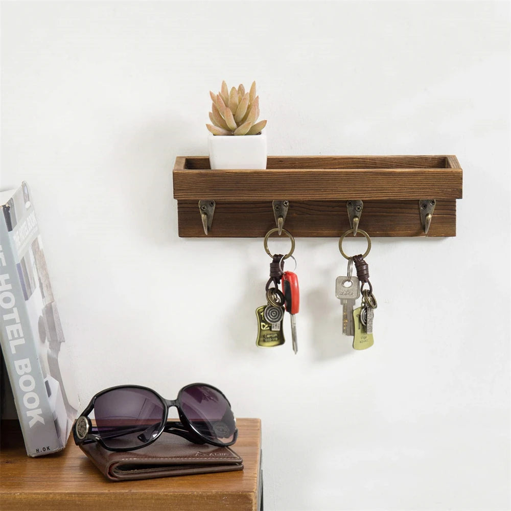 Schlüsselhalter aus Holz mit Ablage – Rustikaler Wand Organizer | Schwimmendes Regal mit 4 Metallhaken für Schlüssel, Leine, Sonnenbrille & Deko Kaufschwan®