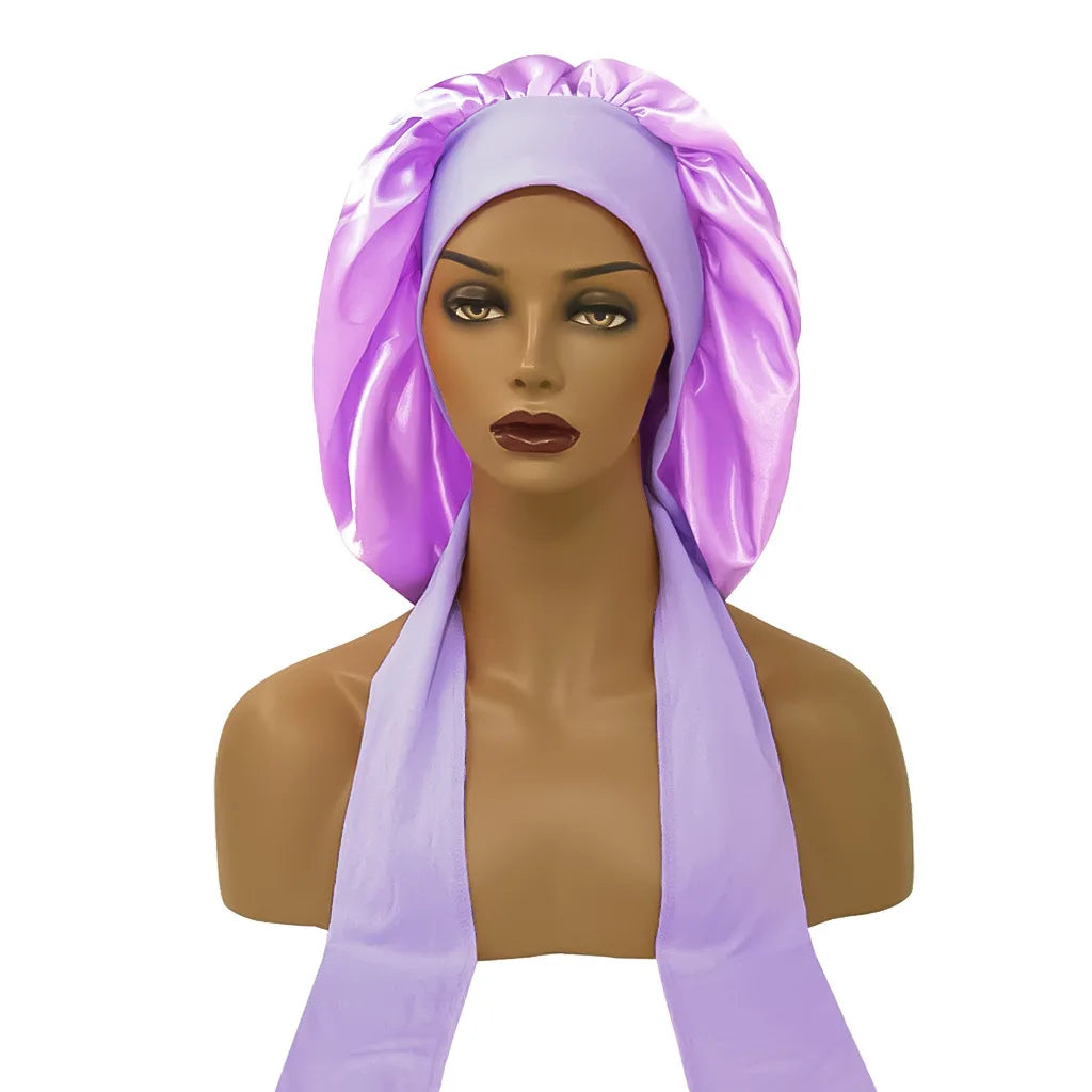 Breite Satin-Schlafhaube für Damen – Elastische Nachthaube mit Langem Bindeband für die Haarpflege