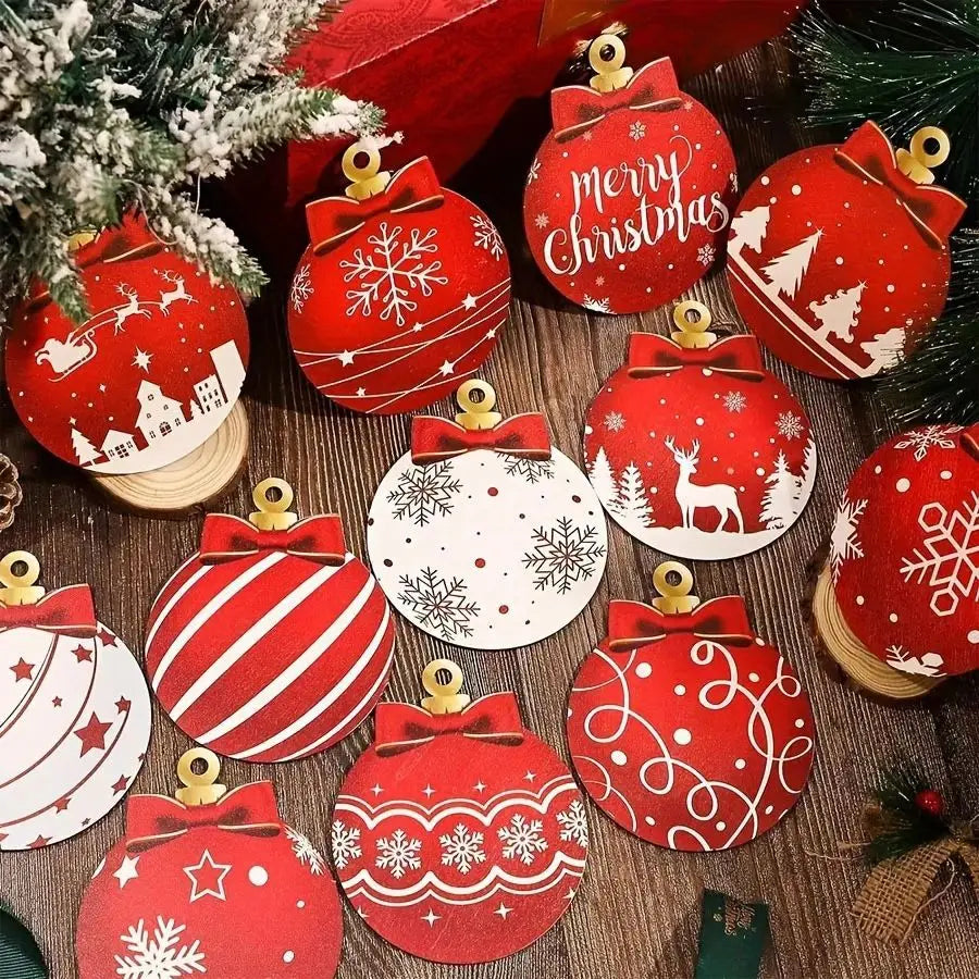12 Stück Holz Weihnachtskugeln – Festliche Anhänger Deko Set | Weihnachts- & Neujahrsdekoration für Zuhause oder Party Kaufschwan®