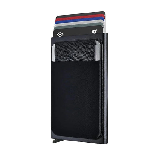 Metall Kartenhalter – Dünner Pop-Up Aluminium RFID Wallet mit Elastischer Rückentasche | ID & Kreditkartenhalter für Reisen Kaufschwan®