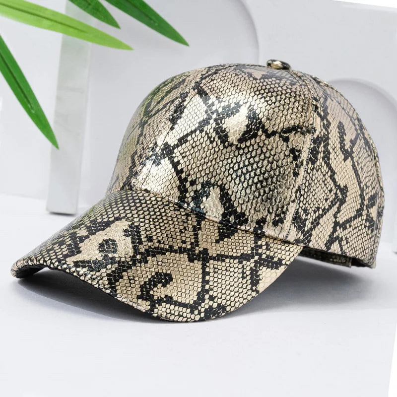 Snake Print PU Leder Baseballkappe | Verstellbarer Hip-Hop Street Dance Baseballcap | Leicht & Sonnenschutz für Outdoor-Aktivitäten Kaufschwan® Gold Einstellbar