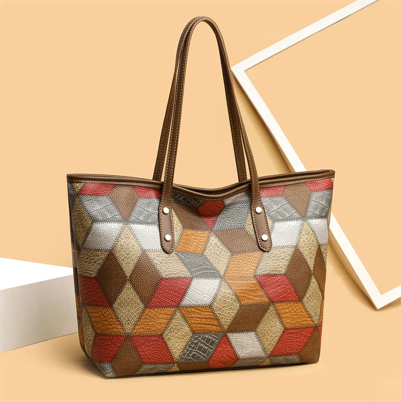 Damenhandtasche mit Großem Fassungsvermögen – Lässige PU Leder Patchwork Tote | Modische Unterarm & Schultertasche Kaufschwan® Braun