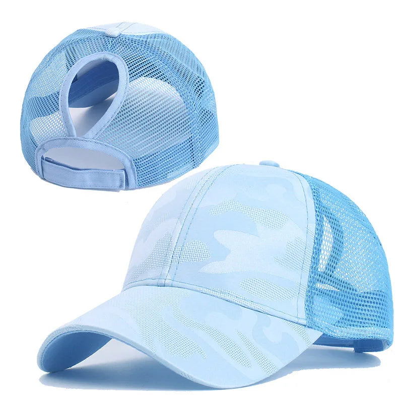 Sommer Camouflage Damen Zopf Cap | Damen Snapback Baseballkappe | Messy Hair Bun & Ponytail Freundlich Kaufschwan® Blau