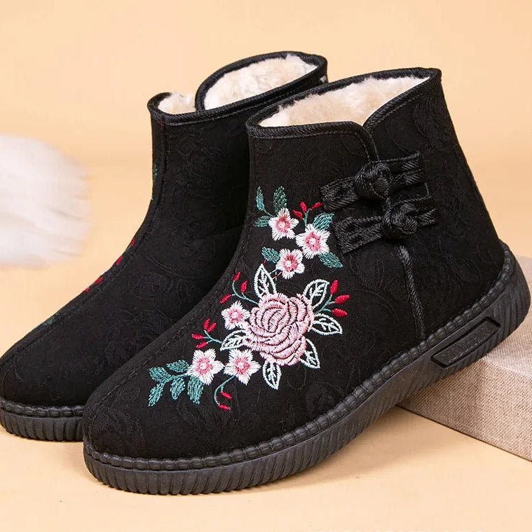 Damen Bestickte Schneestiefel – Mittelhohe Baumwollstiefel mit Kunstfell Fleece Futter | Warme Winter Schuhe für Mütter Kaufschwan®
