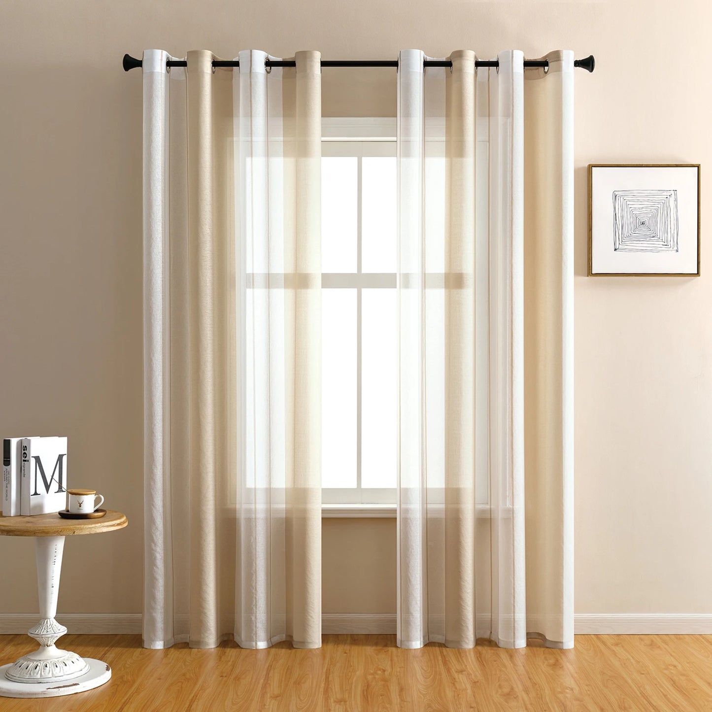 Moderner Gestreifter Halb Transparenter Voile Vorhang mit Ösen für Wohnzimmer Schlafzimmer Büro 2 Stück/Set Kaufschwan® Beige 140x145cm