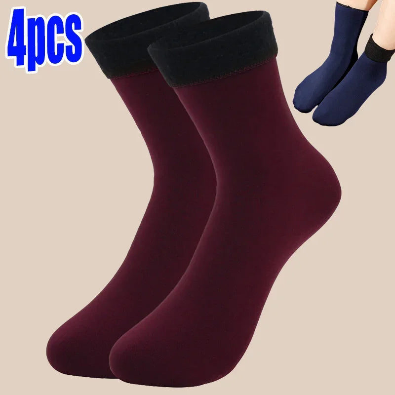 Winter Thermosocken für Damen | Samt Nylon Plüsch Fleece Gefüttert | -30°C Warm, Nahtlos Verdickt Schneesocken | Unisex Bequeme Haussocken Kaufschwan® Weinrot - 4 Stück