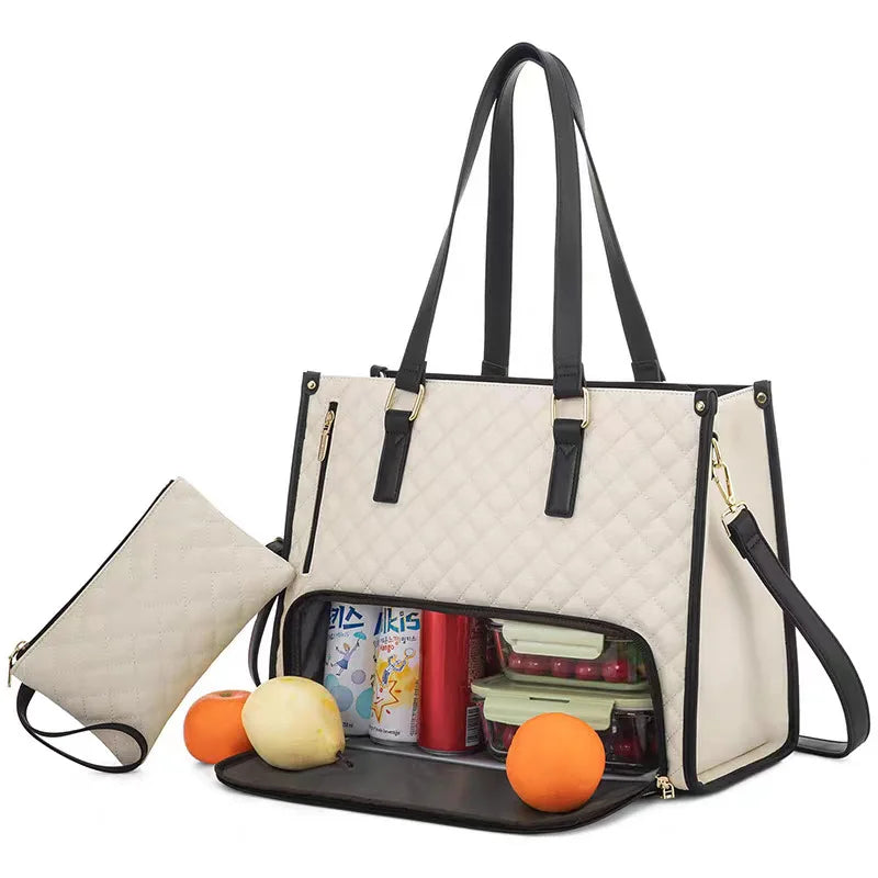 Große Lunch Tasche mit Schulter- & Crossbody Funktion – 2-in-1 Aufbewahrungs Handtasche | Robuste Schlichte PU Tasche für Büro Kaufschwan® Schwarz mit Weiß