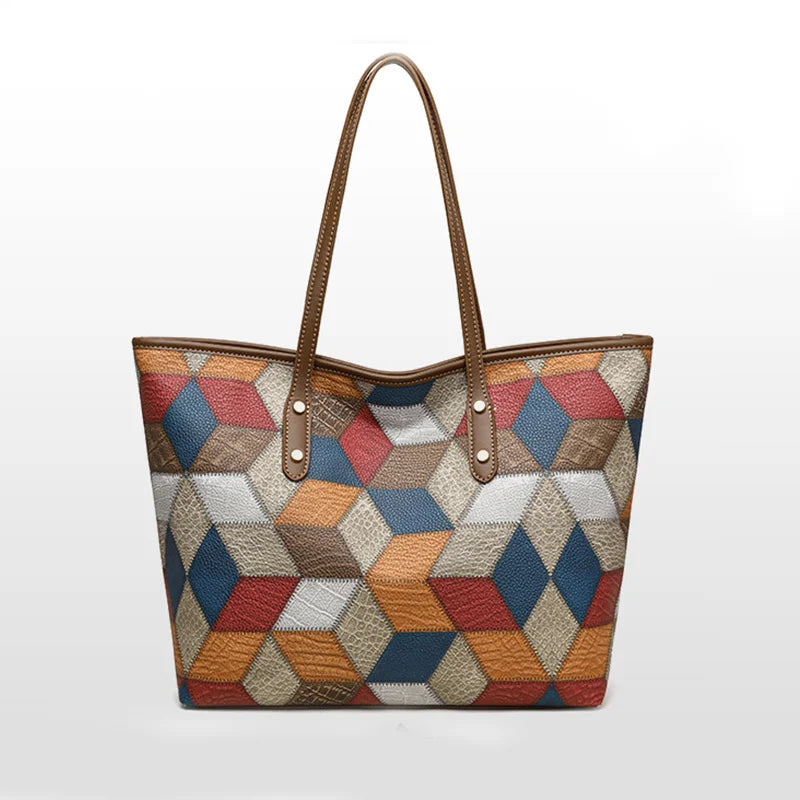 Damenhandtasche mit Großem Fassungsvermögen – Lässige PU Leder Patchwork Tote | Modische Unterarm & Schultertasche Kaufschwan®