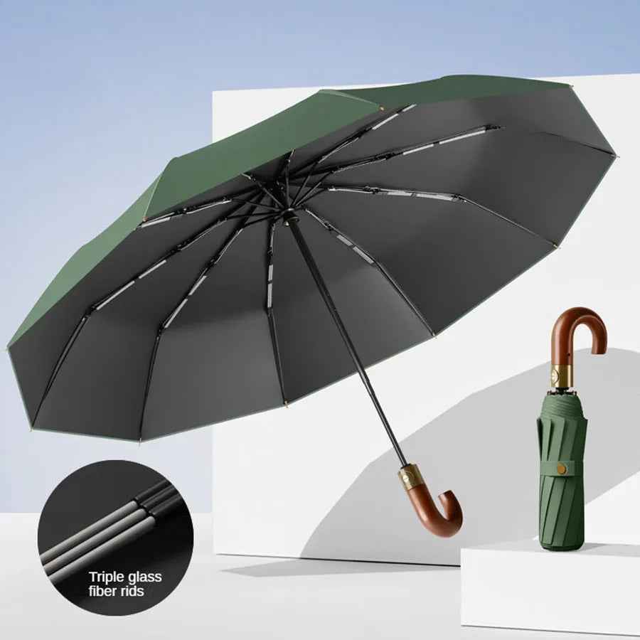 Winddichter UV-Schutzschirm UPF50+ – Automatischer Kompakter Regen- & Sonnenschirm mit Stilvollem Gebogenem Griff Kaufschwan® Grün