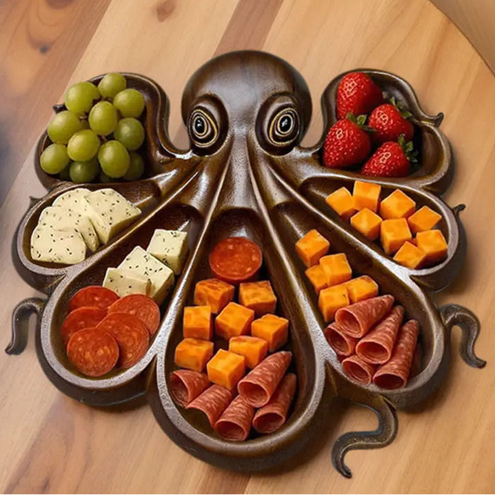 Oktopus Servierbrett aus Holz im Ozean-Design – Charcuterie- & Käseplatte für Käse, Fleisch, Brot & Obst Kaufschwan®
