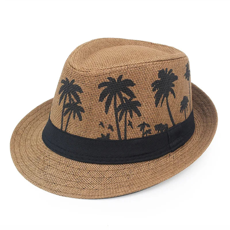 Sommer Strohhut – Herren & Damen, Kokosbaum-Muster, Outdoor Atmungsaktiv, Tropischer Jazz Fedora, Panama Hut Kaufschwan®