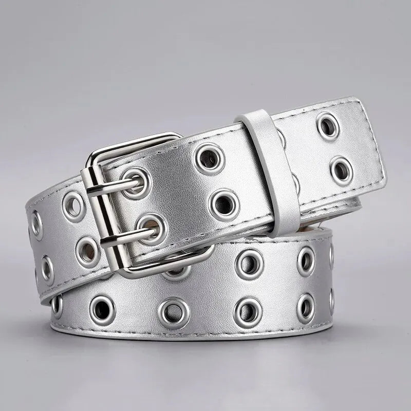Unisex Doppel-Loch Gürtel – Punk Hip Hop Rock Stil | Trendiger Verstellbarer Gürtel für Männer & Frauen, Subkultur Modeaccessoire Kaufschwan® Silber 110cm