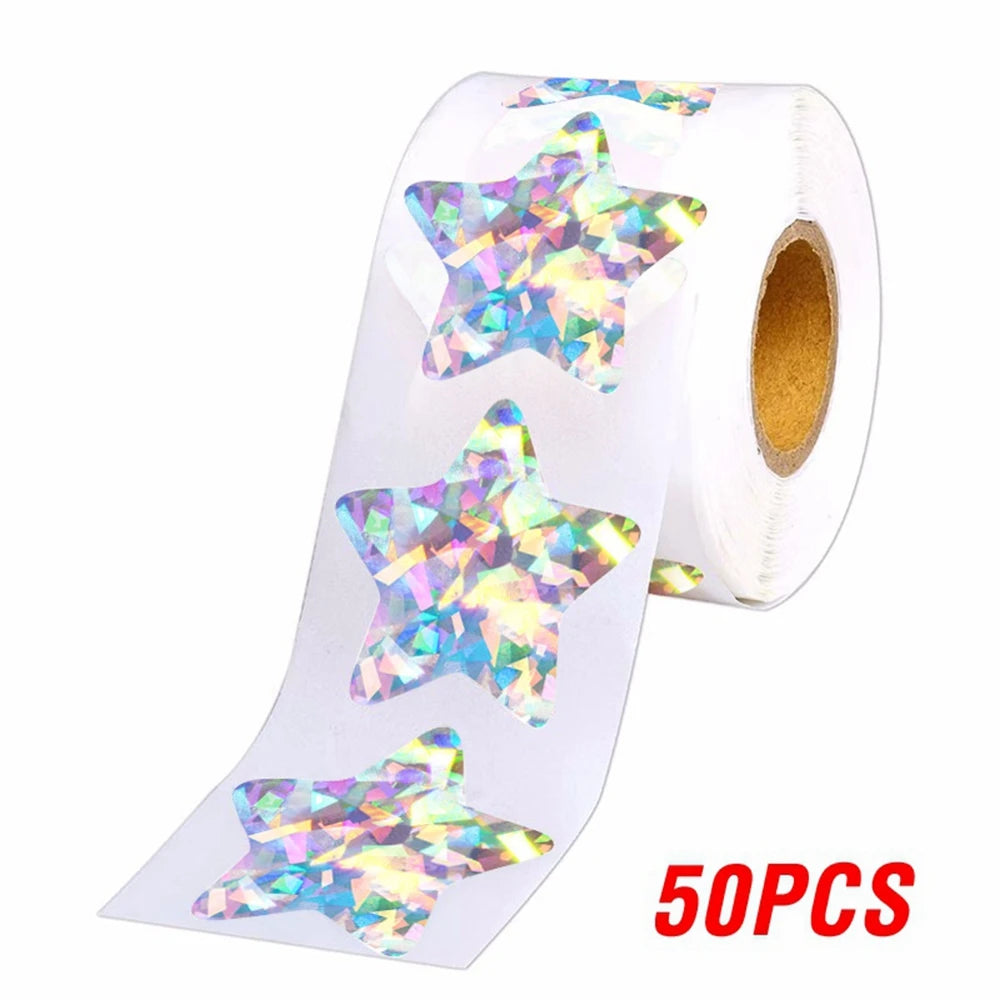50–500 Stück Silberne Folien-Sternaufkleber – Holografische Belohnungs-Sticker für Kinder, Lehrer & Bastelarbeiten | Glänzende Sterne für Dekoration & Unterricht Kaufschwan® Regenbogen-50 Stück