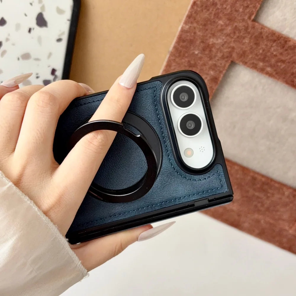 Luxuriöse Retro-Schutzhülle in Lederoptik für iPhone Duo – Magnetische MagSafe-Kompatible Hülle mit Drehbarem Ständer und Stoßschutz Kaufschwan®