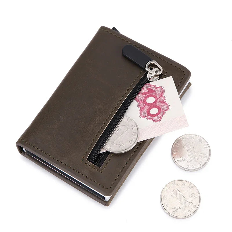 RFID Kartenhalter Herren Metall Slim – Anti-Diebstahl Wallet mit Magnetverschluss & Münzfach Kaufschwan® Kaffee