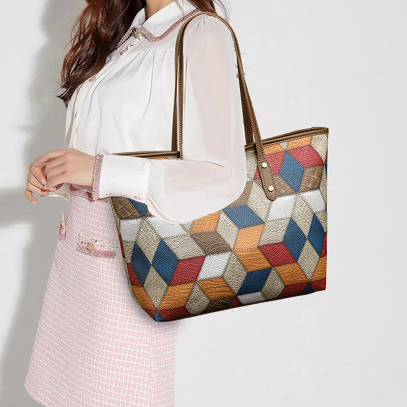 Damenhandtasche mit Großem Fassungsvermögen – Lässige PU Leder Patchwork Tote | Modische Unterarm & Schultertasche Kaufschwan®