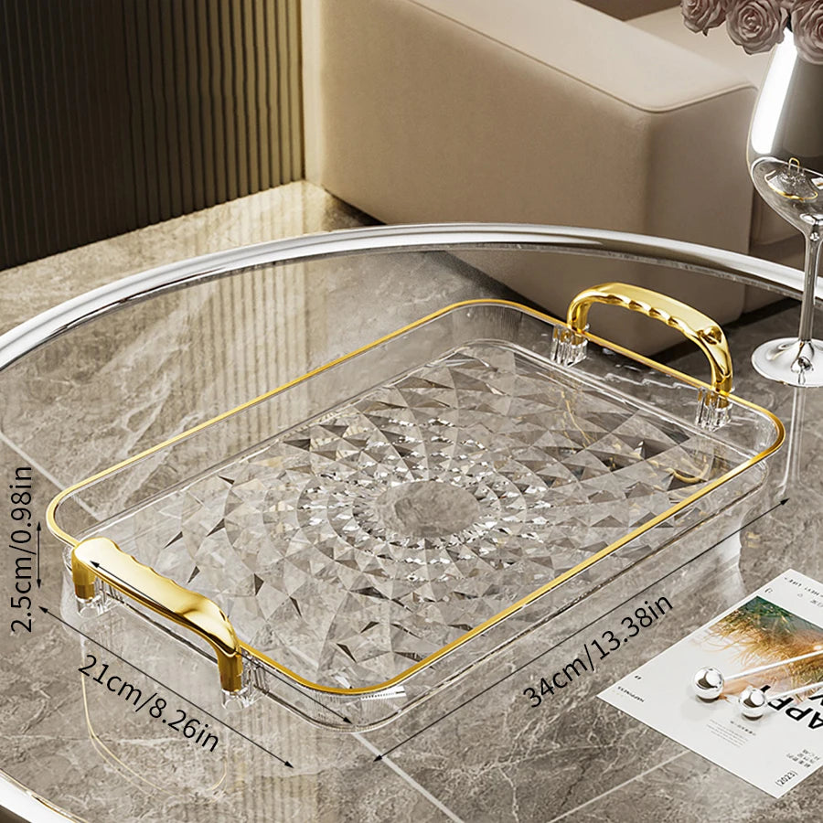 Transparentes Luxus-Serviertablett – Kunststoff Obst- & Desserttablett mit Griff, Dekoratives Aufbewahrungs- & Küchen-Organizer-Tablett Kaufschwan® Transparent Gold L