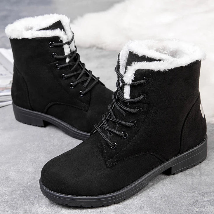 Damen Schneestiefel – Flache Plateau Winter Schuhe | Warme Kunstfell Gefütterte Plüsch Stiefel für Damen | Bequeme Winter Schuhe Kaufschwan® Schwarz 35