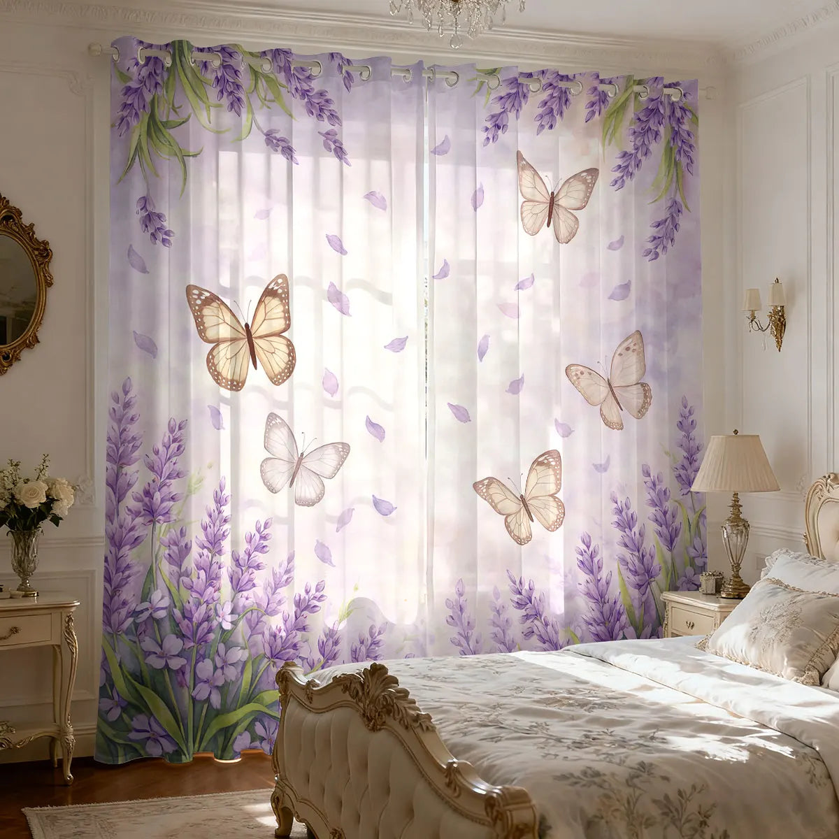 Lavendel Blumen Print Vorhang Isoliert für Wohnzimmer Schlafzimmer Dekoration 2 Stück/Set Kaufschwan® Helllila - Beige 150x166 Ösenverschluss