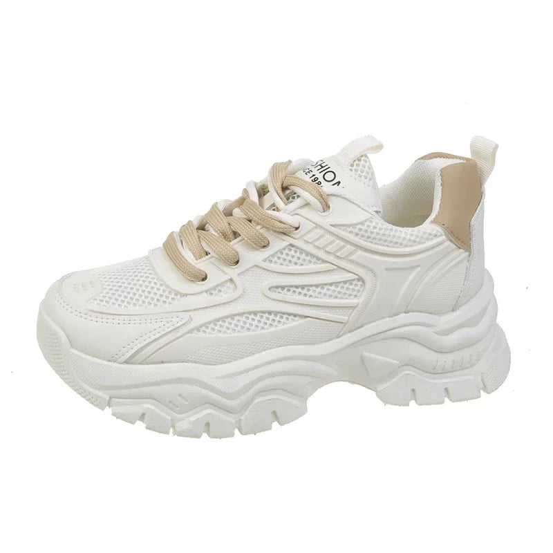 Damen Plateau-Sneaker – Runde Zehenform, Mesh Tennisschuhe | Herbstmode Atmungsaktive & Bequeme Sportschuhe Kaufschwan® Weiß Beige 35