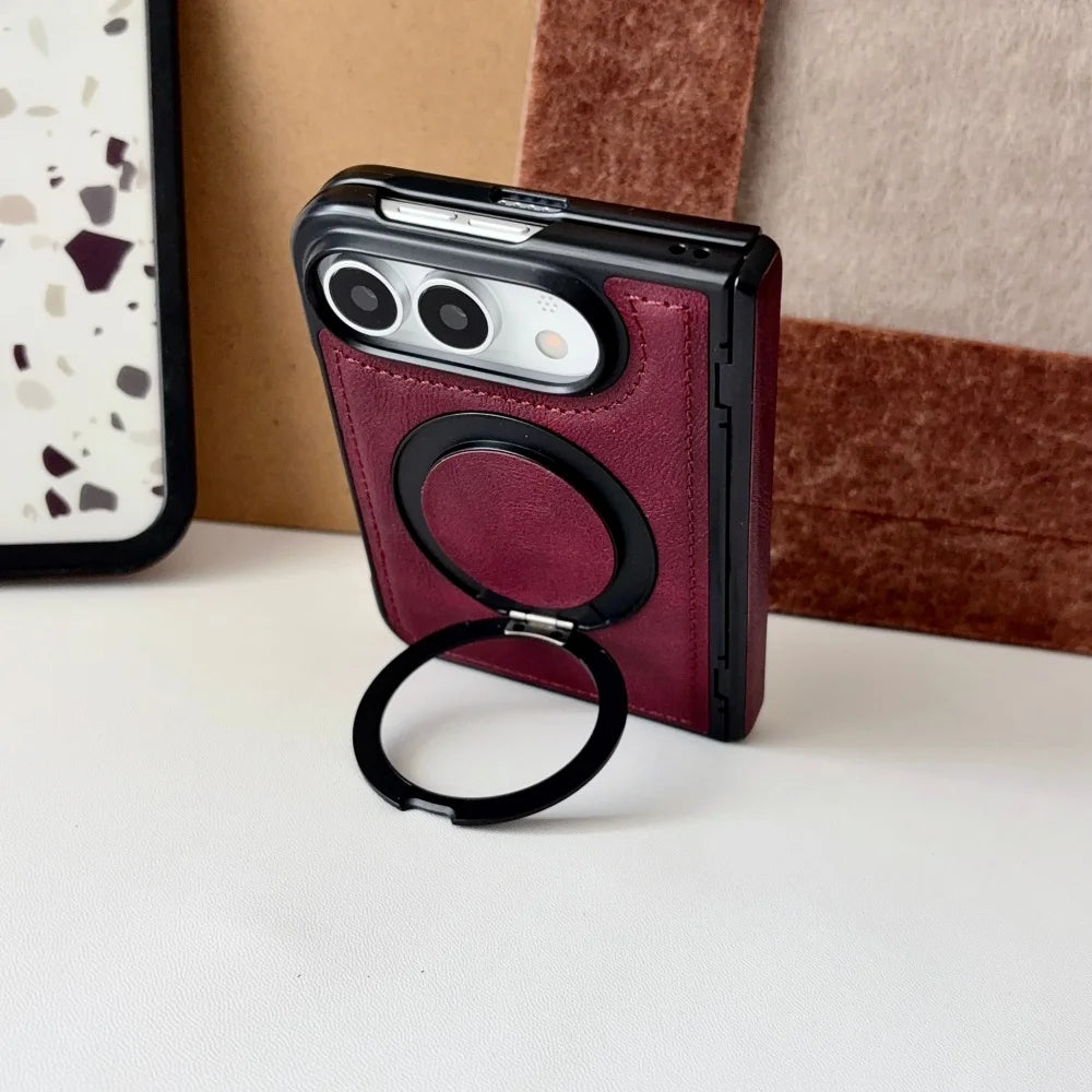 Luxuriöse Retro-Schutzhülle in Lederoptik für iPhone Duo – Magnetische MagSafe-Kompatible Hülle mit Drehbarem Ständer und Stoßschutz Kaufschwan®