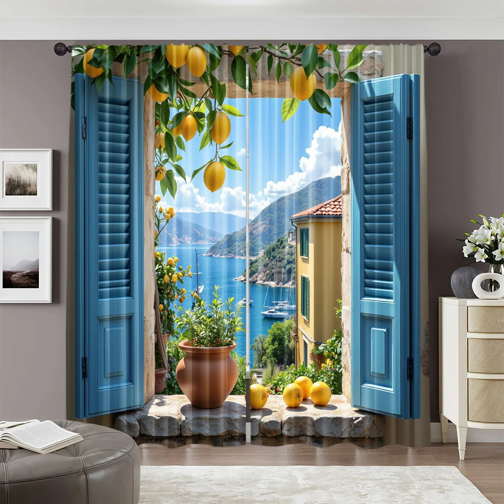 Retro Meereslandschaft Vorhang mit Print Polyester für Wohnzimmer Schlafzimmer Dekoration 2 Stück/Set Kaufschwan®