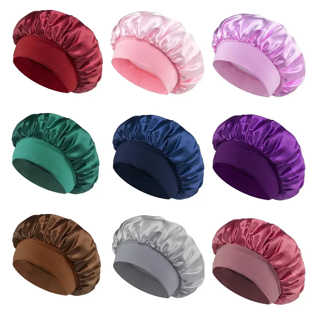 Satin-Schlafhaube für Damen – Große Elastische Haarhaube mit Breitem Weichem Band für Lockiges Haar und Nachtpflege