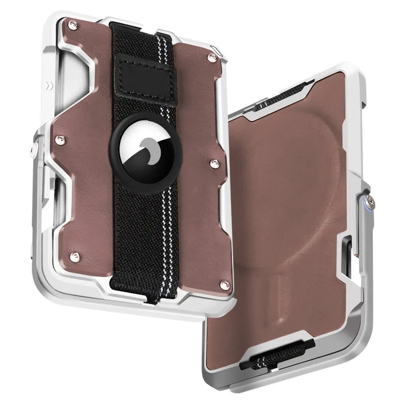 Aluminiumlegierung Carbonfaser MagSafe Wallet – 5-in-1 Multifunktionaler Kartenhalter mit Ständer, Griff, Flaschenöffner & RFID Schutz Kaufschwan® Braun