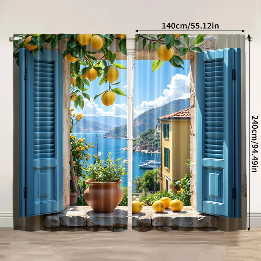 Retro Meereslandschaft Vorhang mit Print Polyester für Wohnzimmer Schlafzimmer Dekoration 2 Stück/Set Kaufschwan®