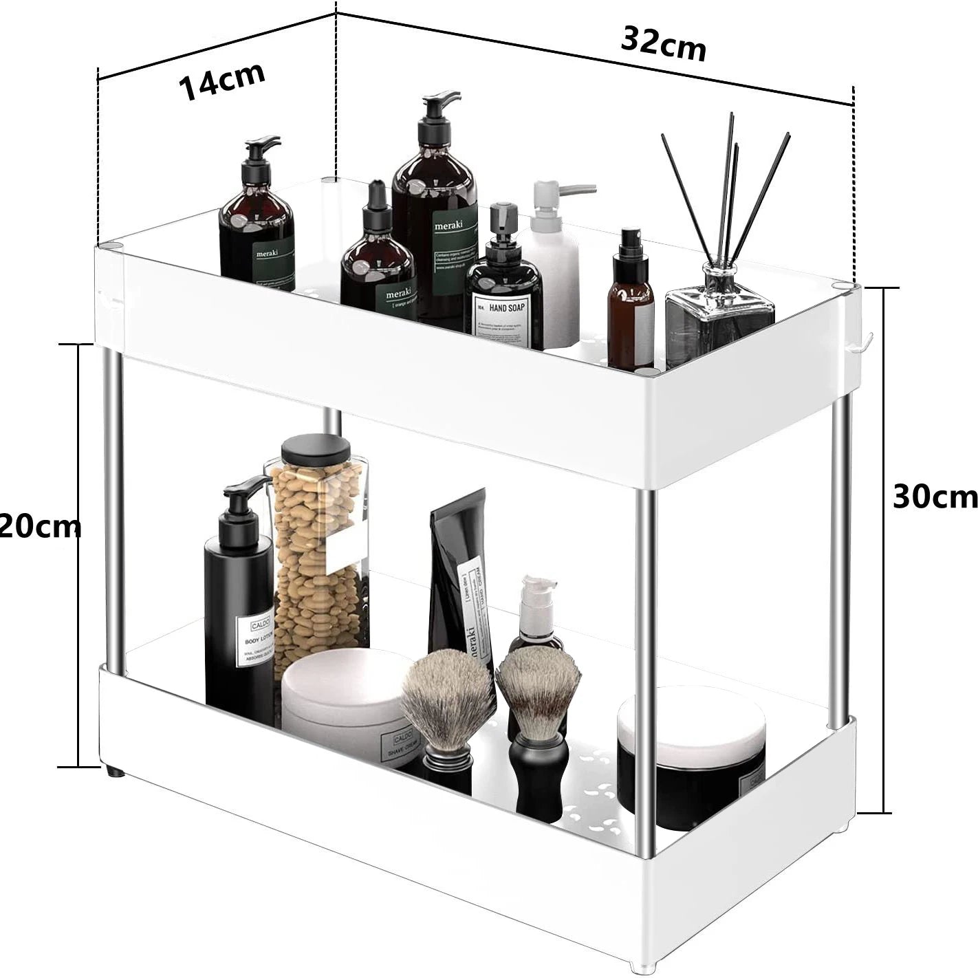 2-stufiger Unter-Spülbecken Organizer – Schiebbares Schrankregal mit Körben, Haken & Becher | Bad & Küchen Aufbewahrung Kaufschwan® Weiß Standard
