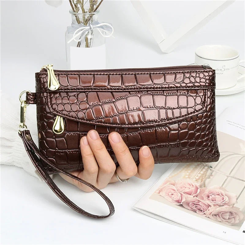 Damen Langbörse aus Leder – Doppelreißverschluss Clutch Tasche | Elegante Krokodil Muster Geldbörse in Rot Kaufschwan®