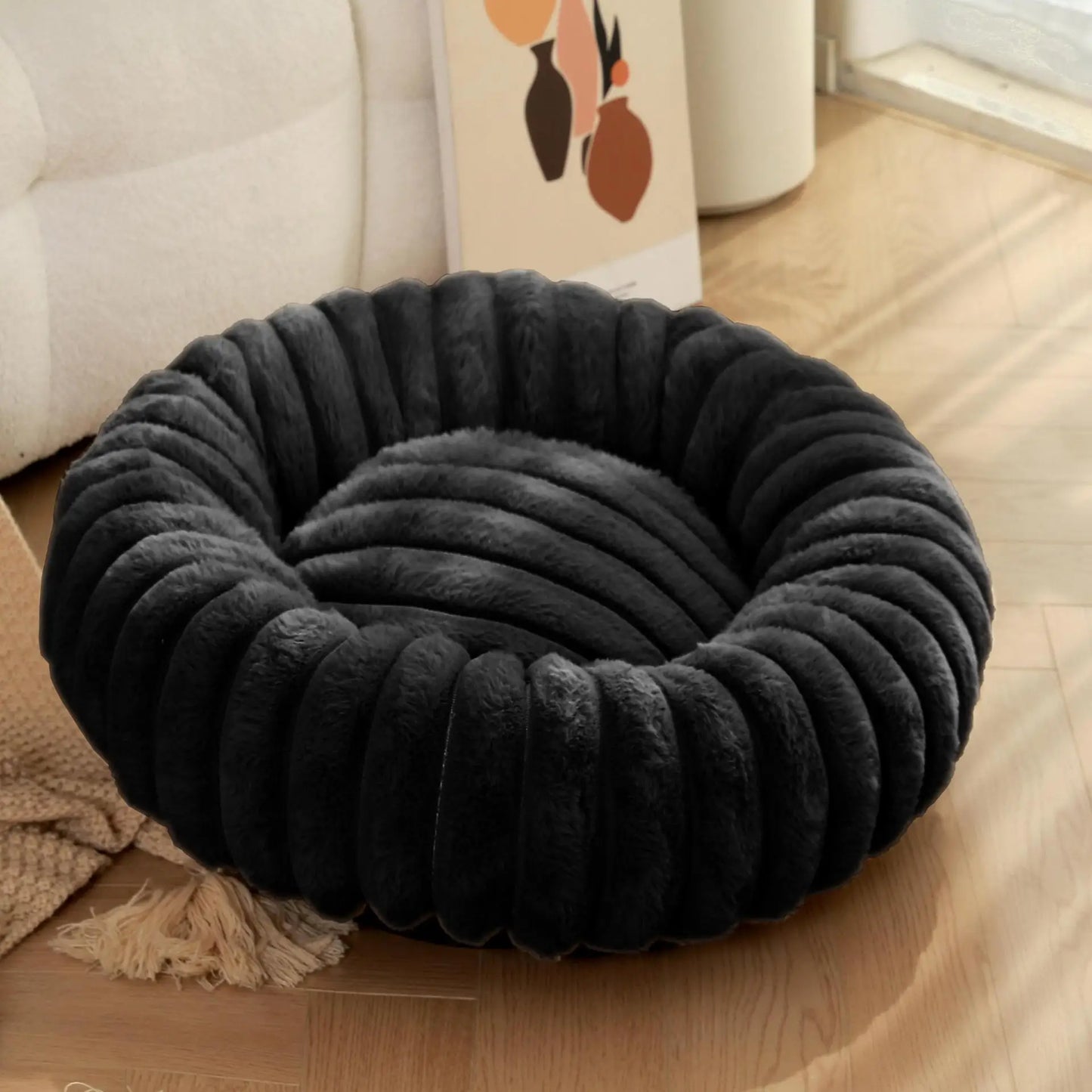 Indoor Hundebett – Cordstoff & Kunstfell Donut Bett mit Anti-Rutsch Boden Kaufschwan® Schwarz 40cm