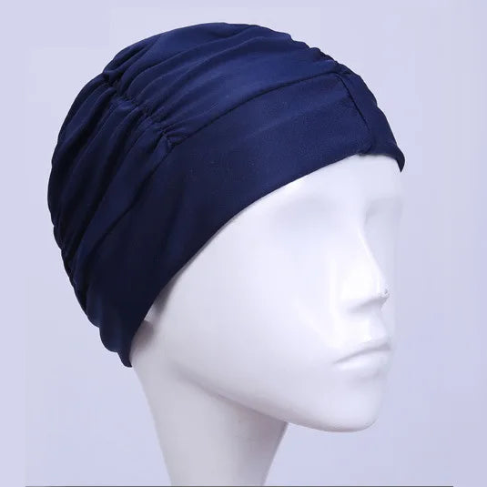 Damen Badehaube Turban Stil – Stoff Schwimmkappe | Schutz für Langes Haar & Ohren, Atmungsaktive Yoga- & Spa-Kappe in Mehreren Farben Kaufschwan® Dunkelblau