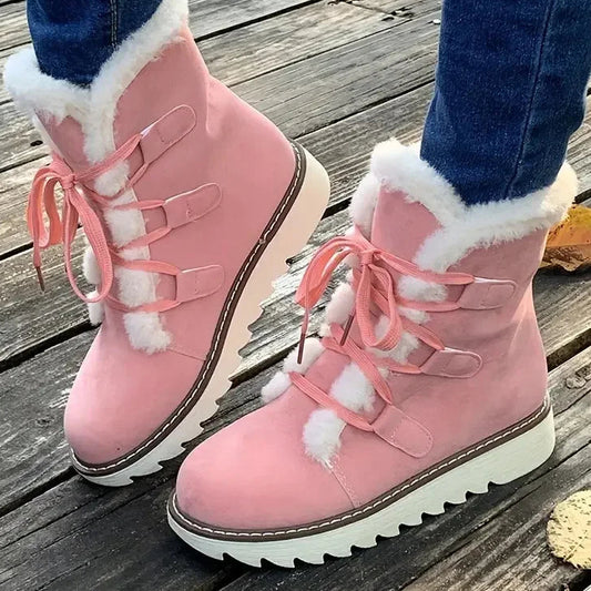 Damen Winter Schneestiefel – Wasserdichte Mittelhohe Schnürstiefel | Wärmeisolierte Outdoor Schuhe mit Kunstfell Futter & Rutschfester Sohle Kaufschwan® Rosa 36