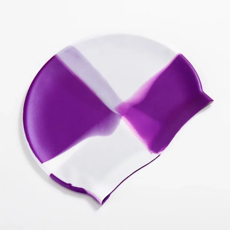 Silikon Schwimmkappe – Wasserdicht & Elastisch | Badehaube für Lange Haare | Unisex Schutzkappe für Schwimmbad & Training Kaufschwan® Lila und Weiß
