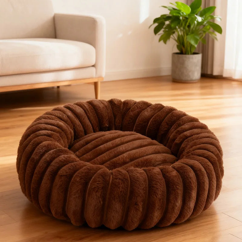 Indoor Hundebett – Cordstoff & Kunstfell Donut Bett mit Anti-Rutsch Boden Kaufschwan® Kaffee 40cm