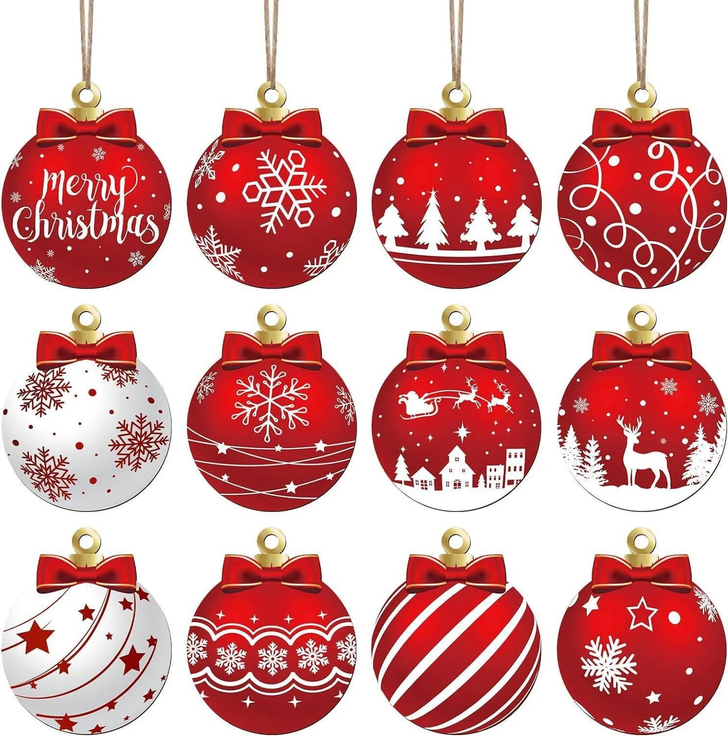 12 Stück Holz Weihnachtskugeln – Festliche Anhänger Deko Set | Weihnachts- & Neujahrsdekoration für Zuhause oder Party Kaufschwan® Rot Weiß