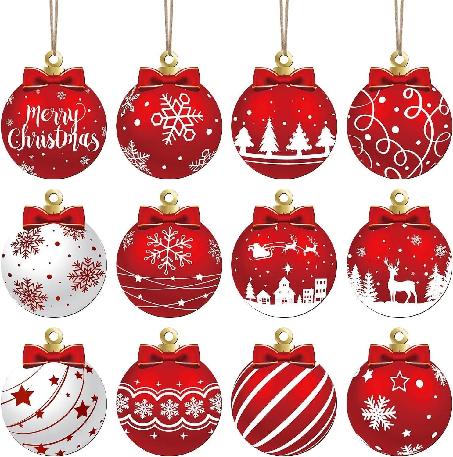 12 Stück Holz Weihnachtskugeln – Festliche Anhänger Deko Set | Weihnachts- & Neujahrsdekoration für Zuhause oder Party Kaufschwan® Rot Weiß