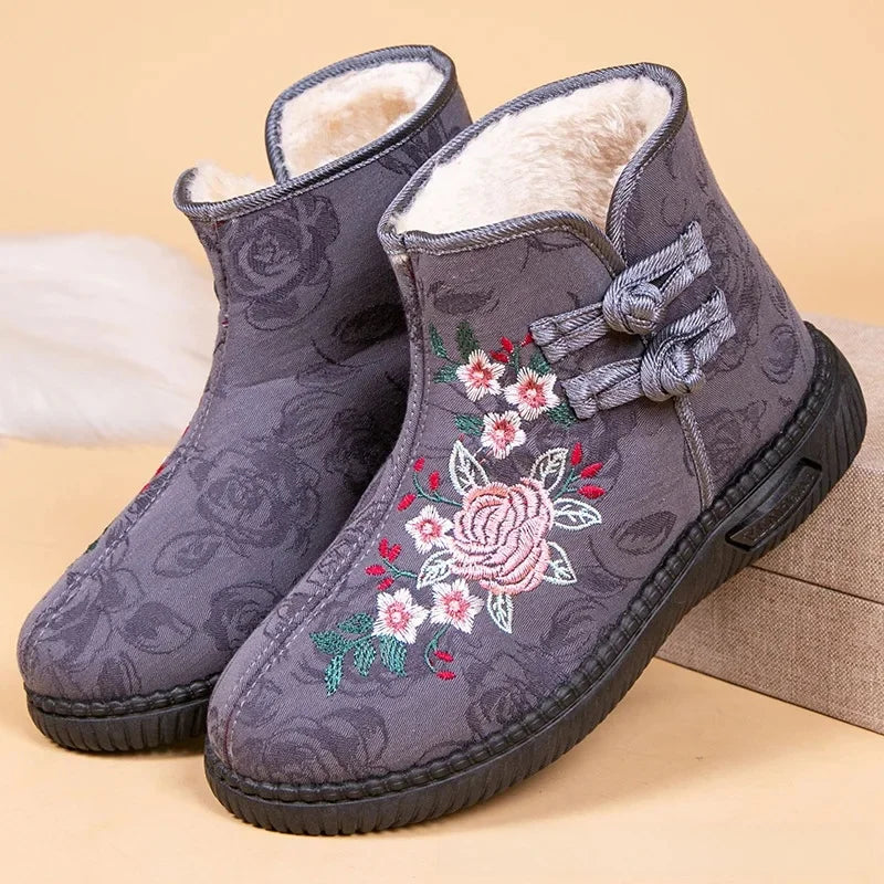 Damen Bestickte Schneestiefel – Mittelhohe Baumwollstiefel mit Kunstfell Fleece Futter | Warme Winter Schuhe für Mütter Kaufschwan® Grau 36