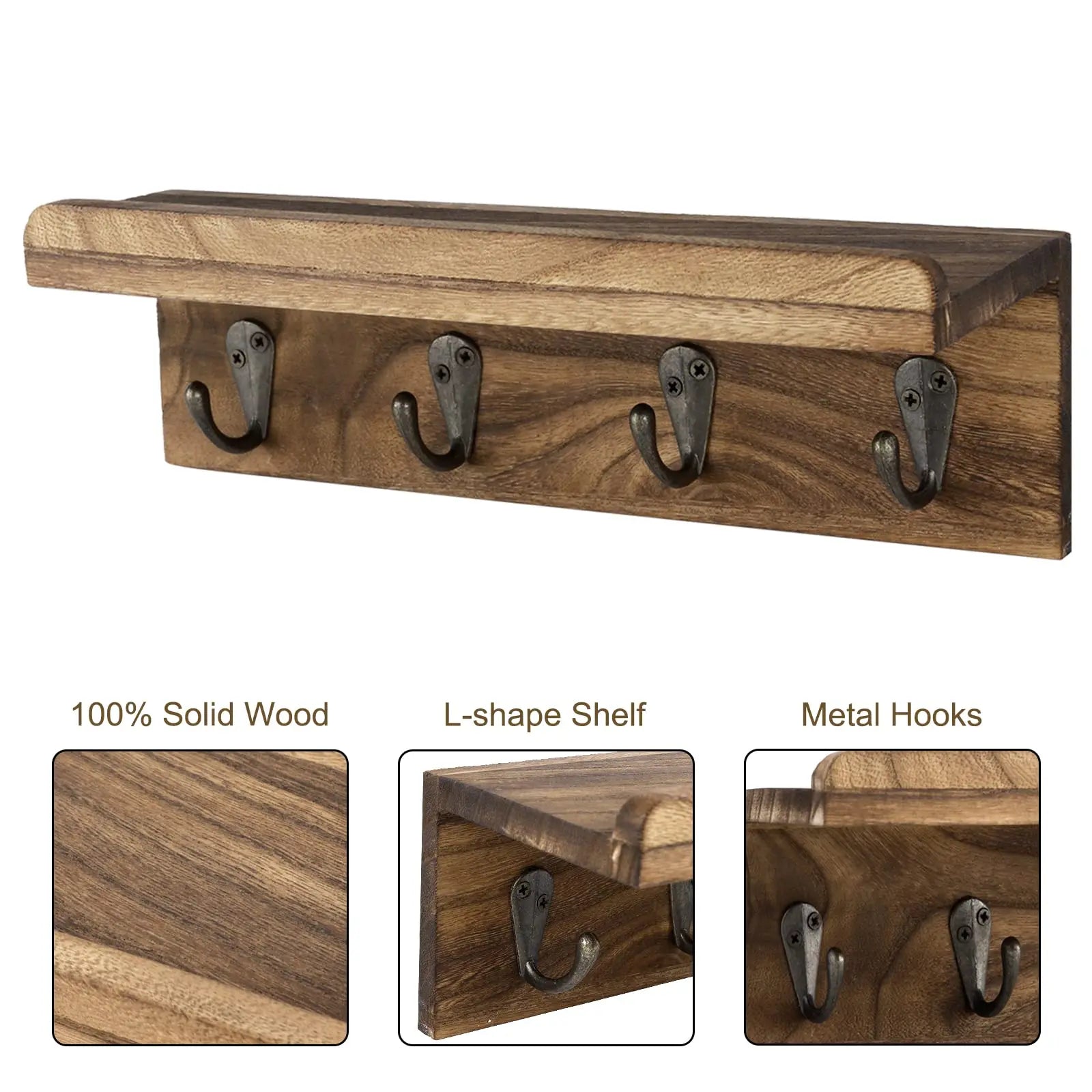 Rustikaler Holz Schlüsselhalter für die Wand – Landhausstil Wandregal | Wandmontierter Organizer mit 4 Metallhaken für Schlüssel & Deko Kaufschwan®