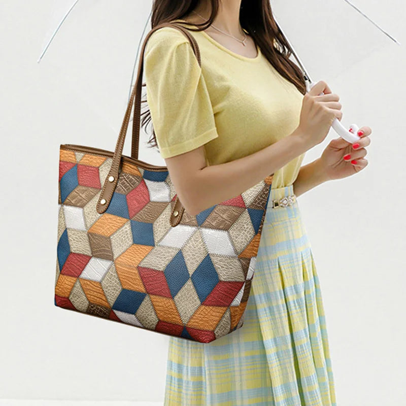 Damenhandtasche mit Großem Fassungsvermögen – Lässige PU Leder Patchwork Tote | Modische Unterarm & Schultertasche Kaufschwan®