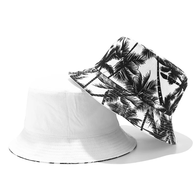 Palmen Design Hut - Wendehut für Damen & Herren – Baumwoll Fischerhut mit Palmen-Print, Streetwear Sonnenhut Kaufschwan® Weiß