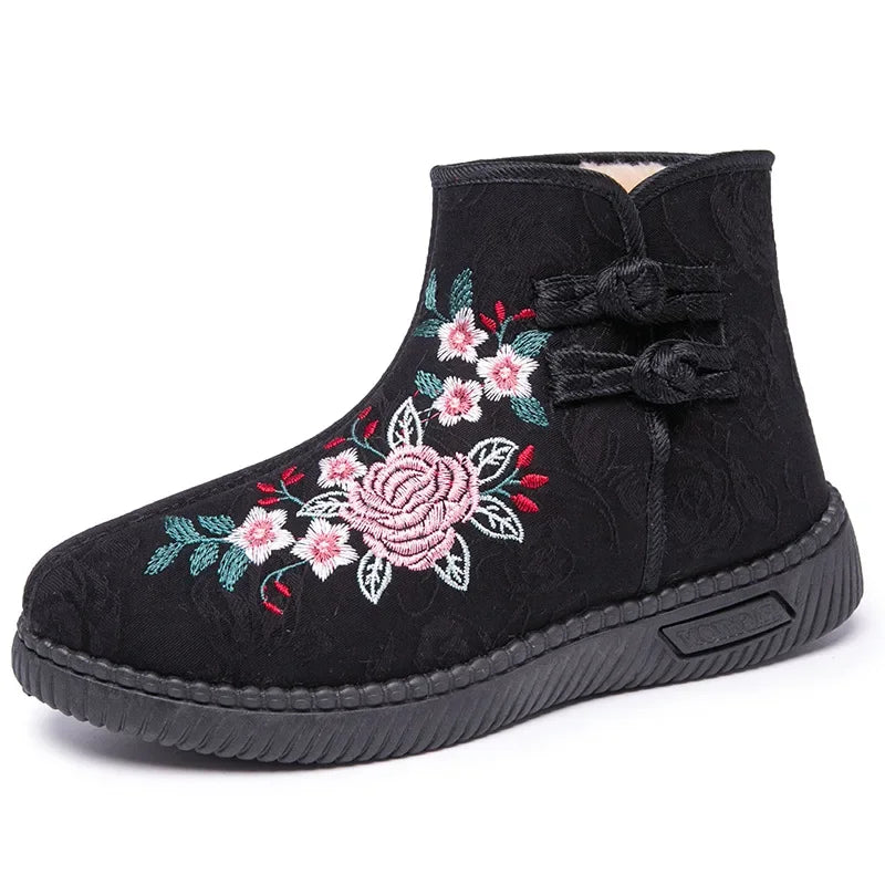 Damen Bestickte Schneestiefel – Mittelhohe Baumwollstiefel mit Kunstfell Fleece Futter | Warme Winter Schuhe für Mütter Kaufschwan®