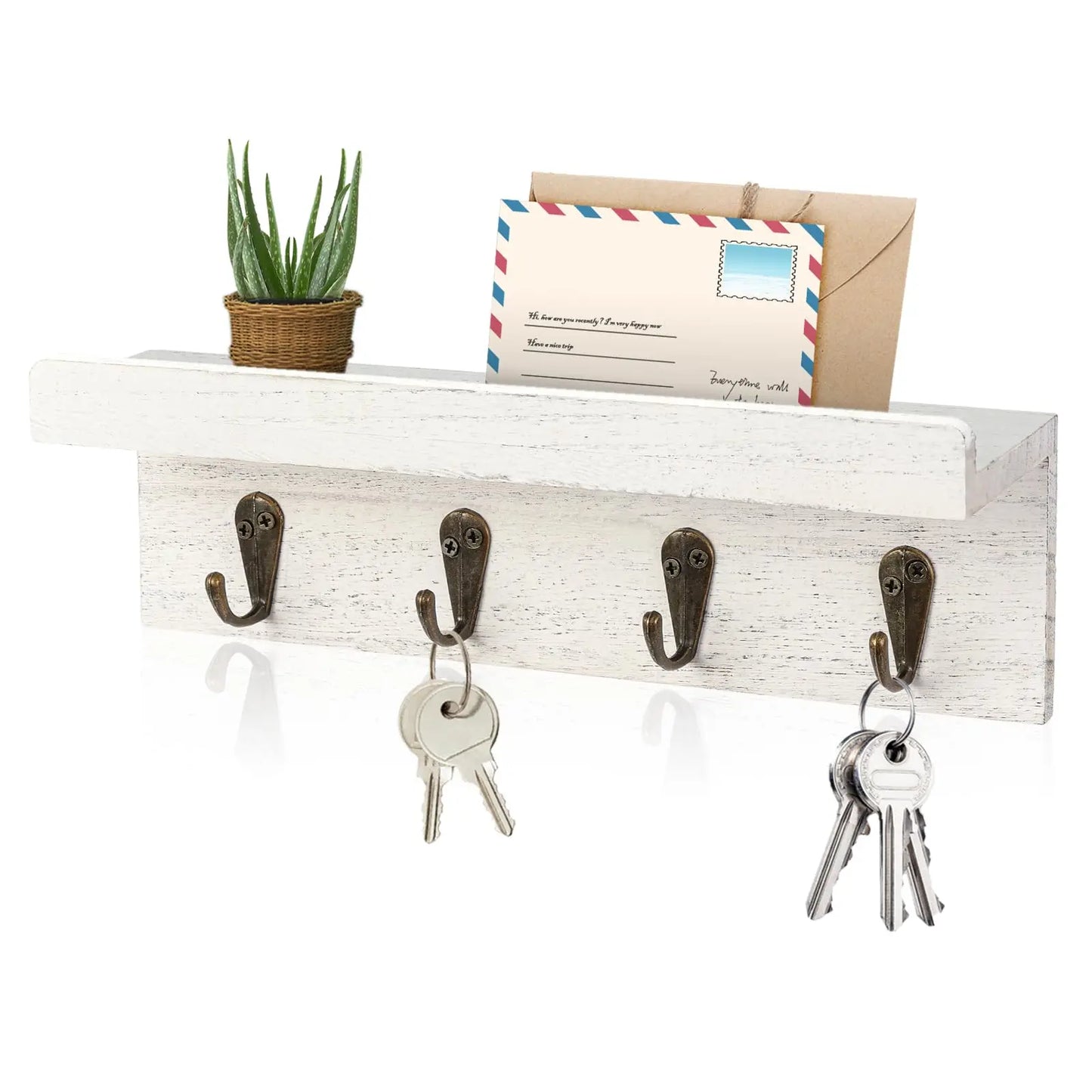 Rustikaler Holz Schlüsselhalter für die Wand – Landhausstil Wandregal | Wandmontierter Organizer mit 4 Metallhaken für Schlüssel & Deko Kaufschwan® Weiß