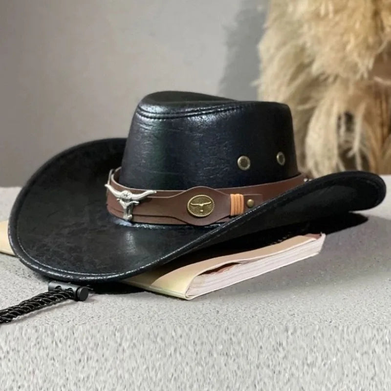 Kunstleder Western Cowboy Hut für Damen & Herren – Vintage Gentleman Dress Hat, Panama Cowgirl Jazz Cap, Klassischer Sombrero Kaufschwan® Stierkopf Schwarz 56-58CM
