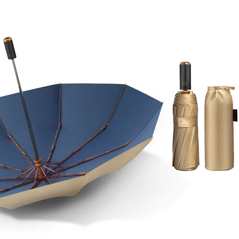 Luxus Gold Automatikschirm – Tragbarer Damen 3-Fach Faltbarer UV-Schutz Sonnenschirm, 10K Doppel-Lagen Winddichter Schirm für Mädchen Kaufschwan® Blau
