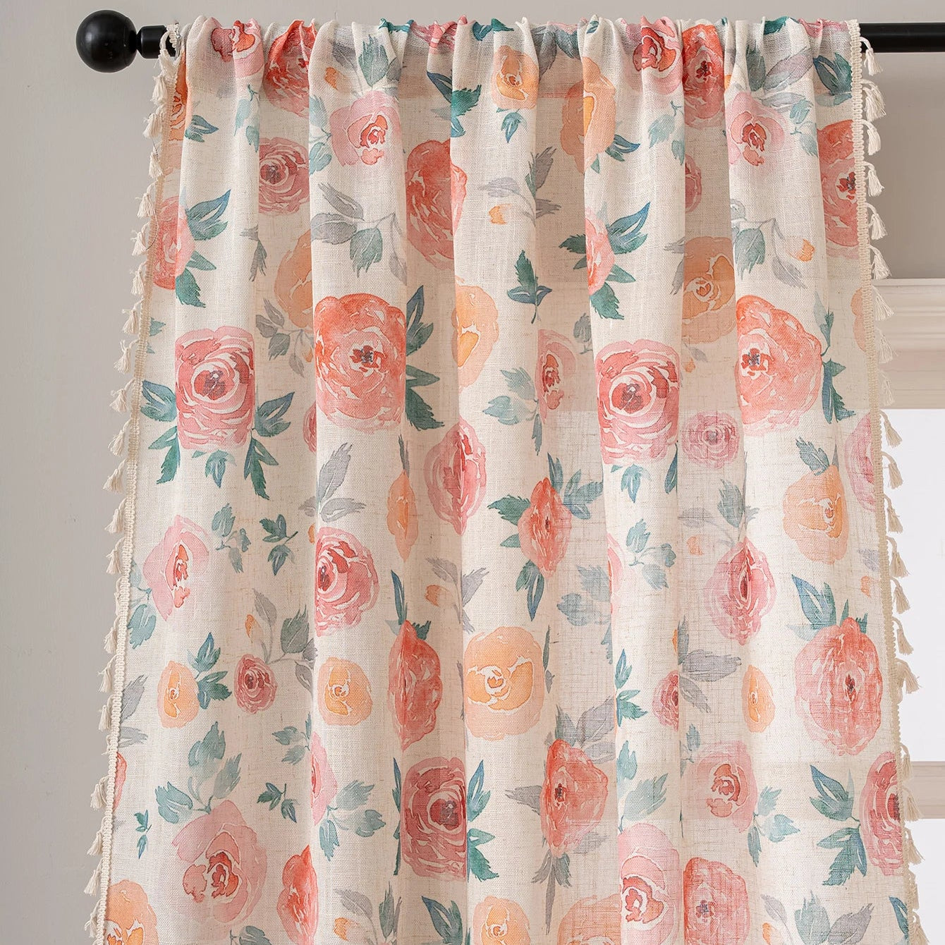 Rosa Blumen Vorhang mit Leinenoptik Lichtdurchlässig im Shabby Chic Stil für Wohnzimmer Kaufschwan®