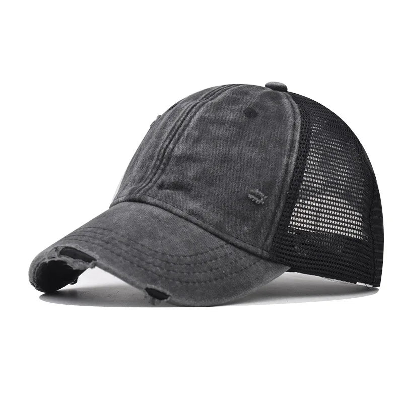 Washed Cotton Mesh Baseballkappe | Vintage Ripped Leichte Baseballcap für Herren & Damen | Atmungsaktive Frühlings- & Sommermode Kaufschwan® Schwarz