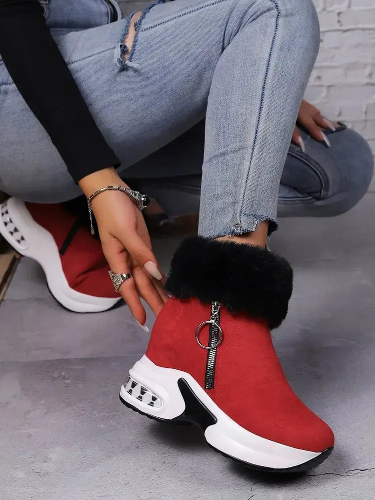 Damen Plateau Schneestiefel – Dicksohlige Winter Stiefeletten aus Kunst-Wildleder | Rutschfeste Knöchelstiefel mit Kunstfellfutter Größe 43 Kaufschwan®