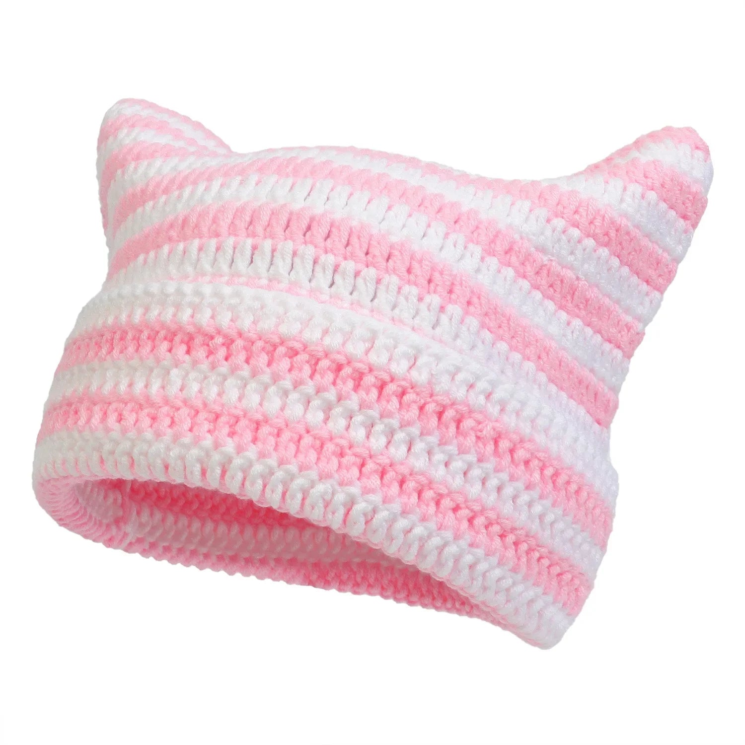 Häkelmütze mit Katzenohren – Weiche Acryl Wintermütze für Damen | Gestreifte Warme Beanie Mütze Geschenk Kaufschwan® Rosa - Weiß